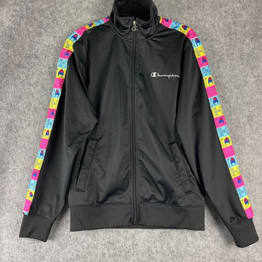Champion Tricot Track Jacket Mens Medium Black Full Zip Colorful Logo Sporty‎